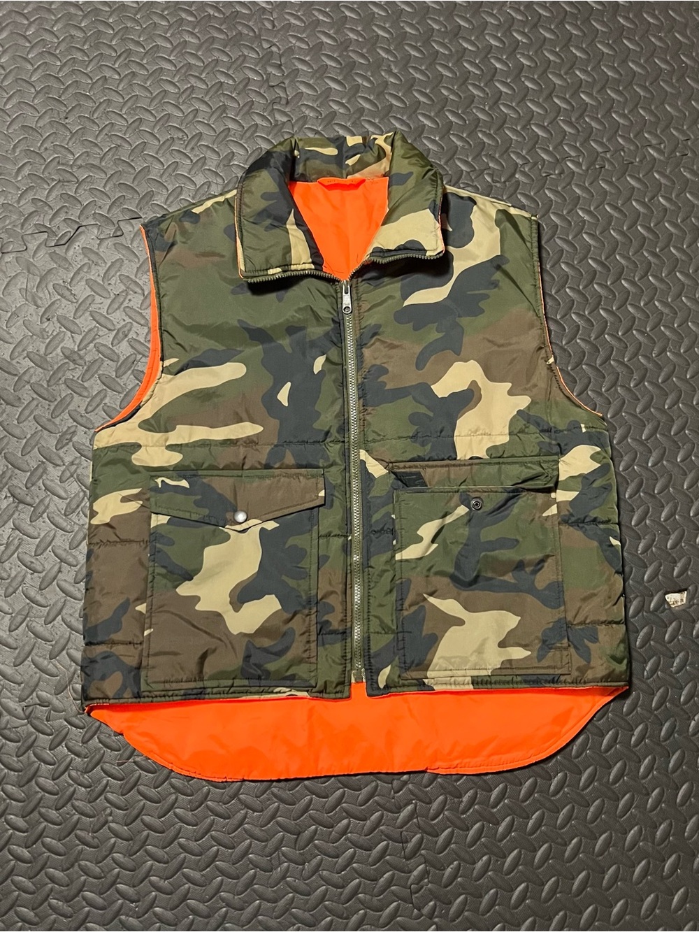 Men's Camo Reversible Puffer Vest with Bright Orange Lining